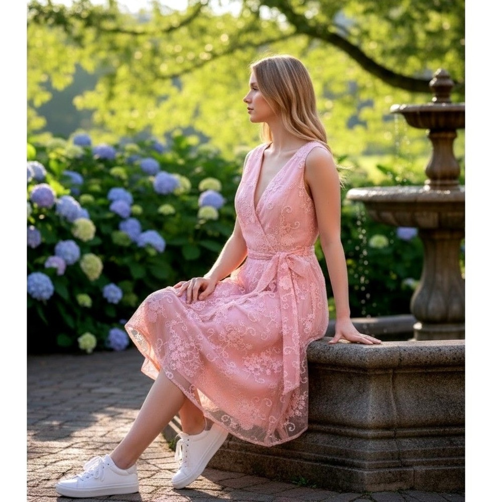 Fehaute SZ6 Pink Floral Lace Midi Dress Wrap V-Neck Sleeveless Pockets lined Bow